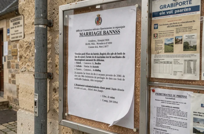 Affichage officiel des bans de mariage sur le panneau municipal d'une mairie en Bretagne