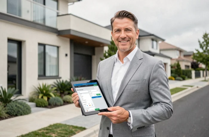 Agent immobilier tenant une tablette affichant une plateforme de transaction immobilière devant une maison moderne