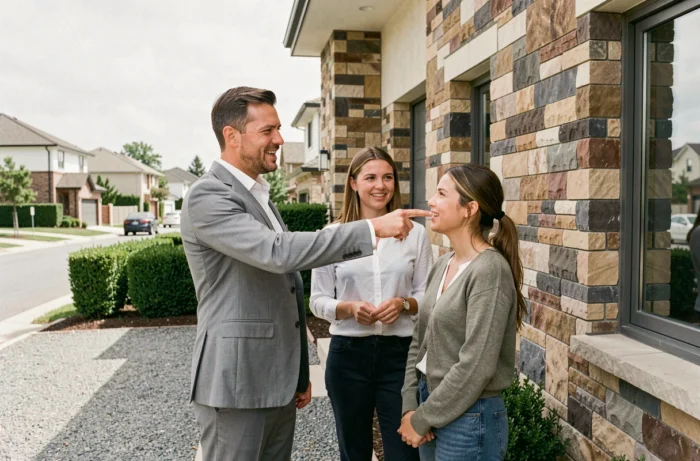 Agent immobilier faisant visiter une maison moderne à un couple lors d'une visite extérieure