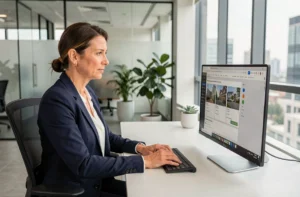 Agente immobilière utilisant une plateforme en ligne innovante sur un grand écran tactile dans un bureau moderne
