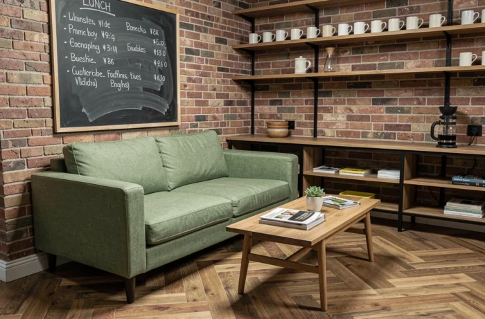 Coin salon cosy dans une salle de pause de bureau avec canapé vert, étagères et tableau noir décoratif