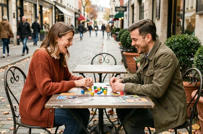 Deux amis jouant à un jeu de société en riant sur une terrasse de café en automne, entourés de feuilles mortes et de pièces de jeu colorées