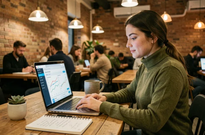 Jeune femme consultant un outil d'analyse de backlinks sur son ordinateur portable dans un espace de coworking chaleureux