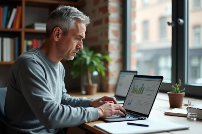 Homme examinant des tableaux de bord en ligne liés à la plateforme Albrad depuis son bureau à domicile