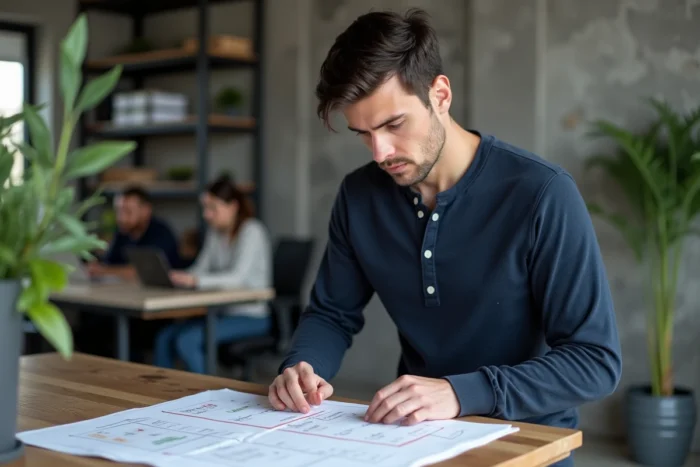 Homme analysant un plan de site imprimé d'un blog beauté posé sur un bureau debout dans un espace de coworking moderne
