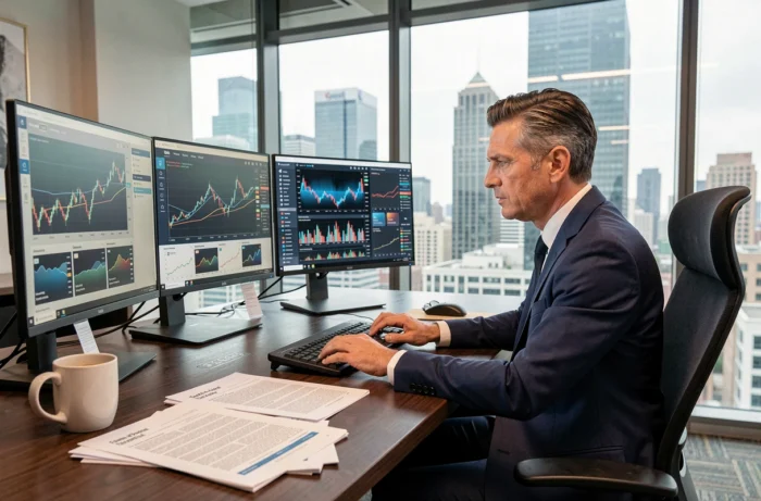 Analyste financier masculin dans un bureau corporatif examinant des tableaux de bord de données financières complexes sur plusieurs écrans, illustrant les enjeux technologiques dans le secteur de la finance