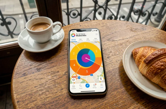 Application Navigo affichant la carte des zones tarifaires d'Île-de-France sur un smartphone posé dans un café parisien
