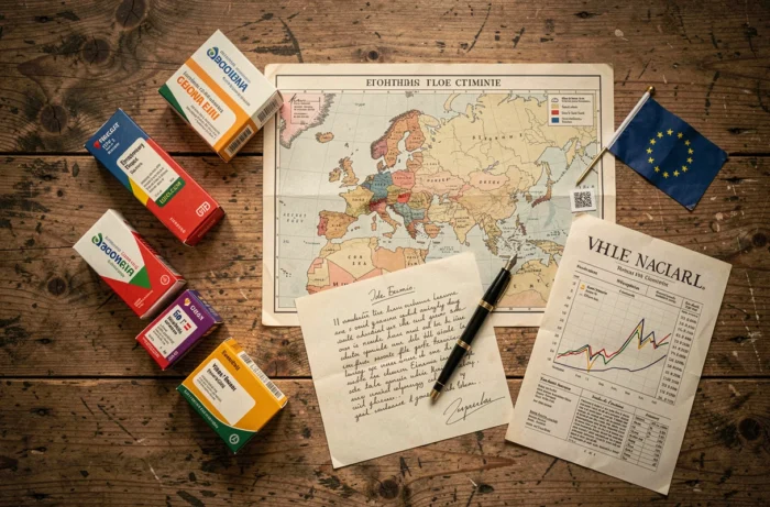Vue aérienne d'un bureau avec carte européenne vintage, étiquettes d'origine et documents sur le commerce EEC