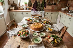 Table rustique avec un cake aux courgettes entouré de différents accompagnements colorés dans une cuisine de style campagnard