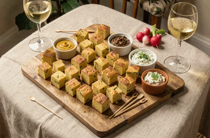 Plateau de bois avec des dés de cake aux courgettes pour l'apéritif accompagnés de petits ramequins de moutarde, tapenade et crème aux herbes
