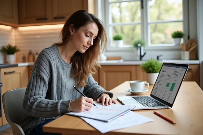 Femme calculant la conversion de m3 de gaz en kWh à partir d'une facture et d'un tableau sur ordinateur