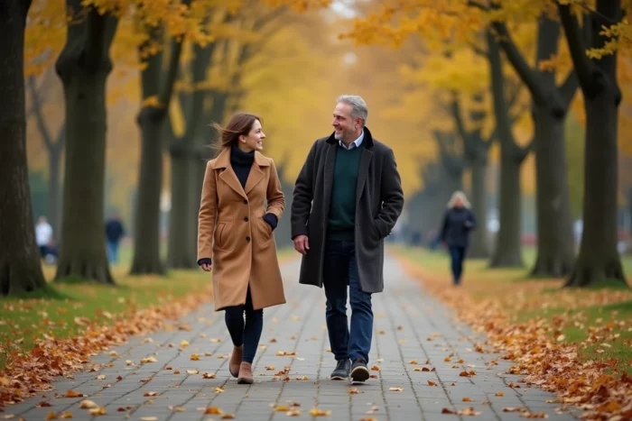 Couple marchant et riant dans un parc en automne, illustrant la complicité entre Caroline Munoz et son compagnon dans leur vie quotidienne