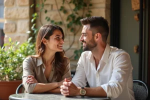 Couple complice partageant un moment intime en terrasse de café, illustrant la vie privée de Caroline Munoz et son compagnon