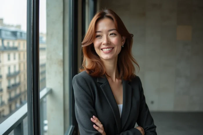 Portrait éditorial d'une femme élégante souriante près d'une fenêtre urbaine, évoquant la personnalité publique de Caroline Munoz