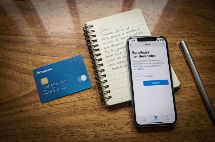 Vue du dessus d'une carte bleue LCL bloquée avec un message d'erreur sur un smartphone et des notes manuscrites