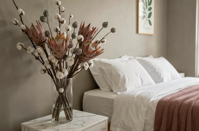Coin chambre élégant avec un vase en verre contenant des fleurs séchées protéa et lunaria sur table de nuit en marbre, décoration intérieure minimaliste et raffinée