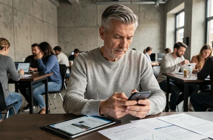 Homme consultant les informations de contact d'une revue scientifique en ligne depuis un espace de coworking