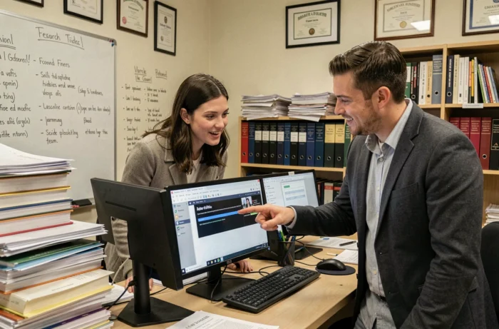 Deux chercheurs universitaires consultant un site de revue scientifique pour contacter l'équipe rédactionnelle en ligne