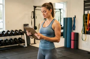 Coach sportive en salle de fitness tenant un clipboard, entourée d'équipements de coaching essentiels comme des haltères et bandes de résistance