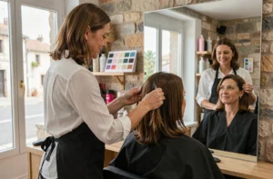 Coiffeuse visagiste professionnelle conseillant une cliente dans un salon de coiffure moderne à Capbreton, avec vue sur la rue côtière