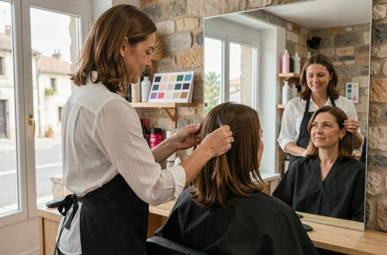 Coiffeuse visagiste professionnelle conseillant une cliente dans un salon de coiffure moderne à Capbreton, avec vue sur la rue côtière