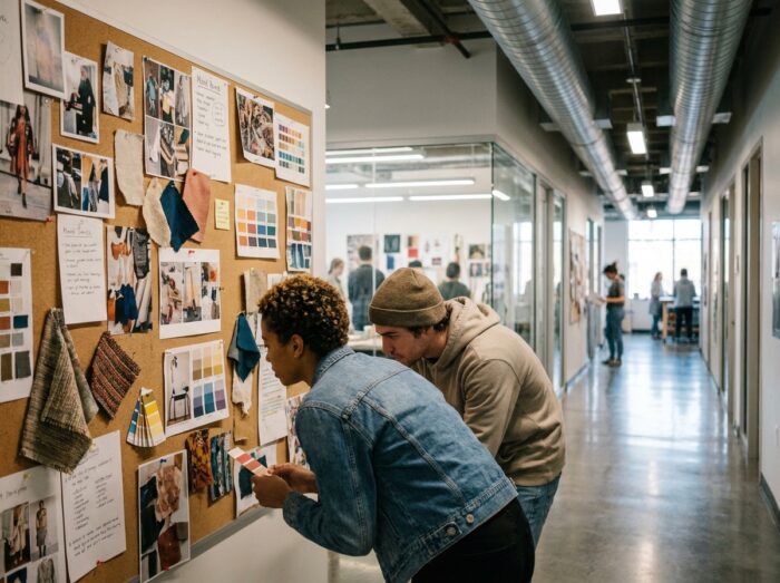Deux étudiants en arts appliqués collaborant sur un moodboard dans le couloir d'une école créative