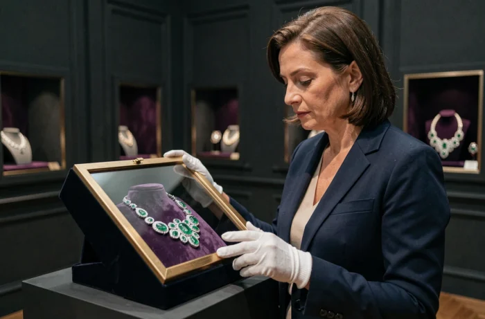 Femme experte examinant un collier Dior en émeraudes et diamants dans une salle de présentation privée