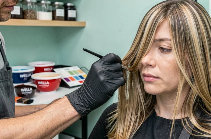 Coloriste professionnel appliquant une coloration précise sur les cheveux d'une cliente dans un salon de coiffure à Capbreton