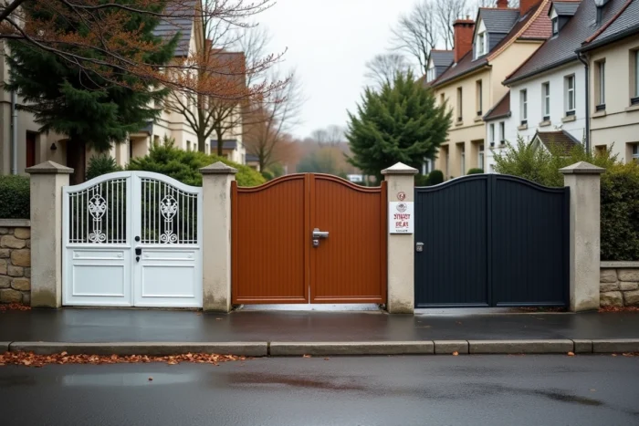 Trois portails résidentiels côte à côte dans une rue française avec des coloris blanc, marron bois et noir mat