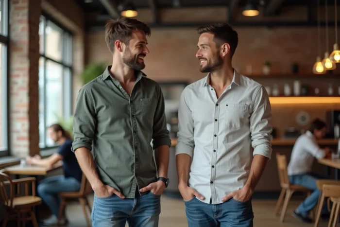 Deux hommes de tailles différentes discutant dans un café moderne, comparaison visuelle de la taille masculine