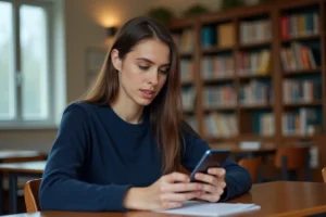 Étudiante configurant la messagerie Zimbra Unicaen sur un smartphone Android dans une salle d'étude universitaire