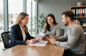 Conseillère immobilière professionnelle présentant des plans à un couple dans une agence immobilière moderne