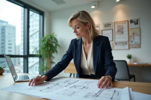 Conseillère immobilière professionnelle analysant des plans d'architecture dans un bureau moderne pour optimiser un projet immobilier avec Veritaxis