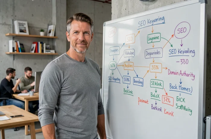 Consultant en marketing digital présentant une carte de stratégie de netlinking sur un tableau blanc dans une agence moderne
