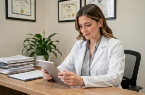 Consultante santé professionnelle de Bee Healthy examinant un plan de bien-être personnalisé sur une tablette dans un cabinet moderne