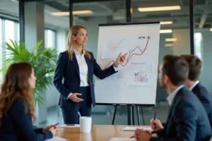 Consultante professionnelle présentant une stratégie de croissance à une équipe en salle de réunion moderne