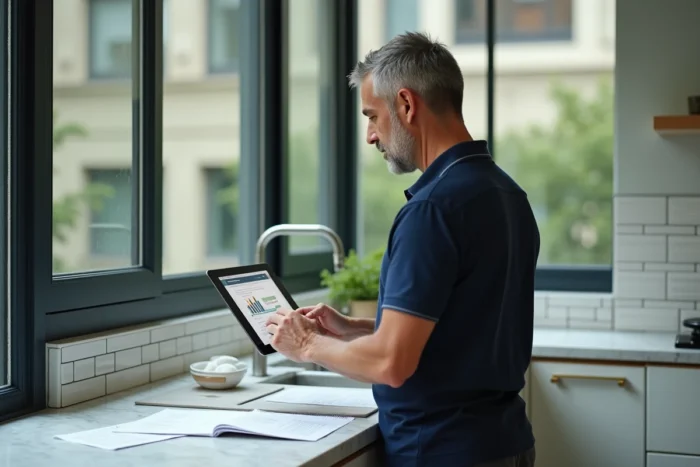 Homme consultant son compte de gestion locative Citya sur une tablette dans une cuisine moderne