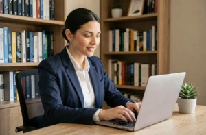 Femme professionnelle rédigeant un email de contact à une équipe rédactionnelle scientifique depuis son bureau à domicile