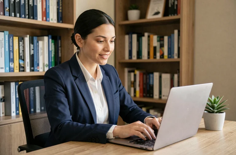 Femme professionnelle rédigeant un email de contact à une équipe rédactionnelle scientifique depuis son bureau à domicile