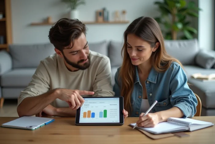 Couple planifiant leur budget familial ensemble sur une tablette avec un logiciel de finances personnelles
