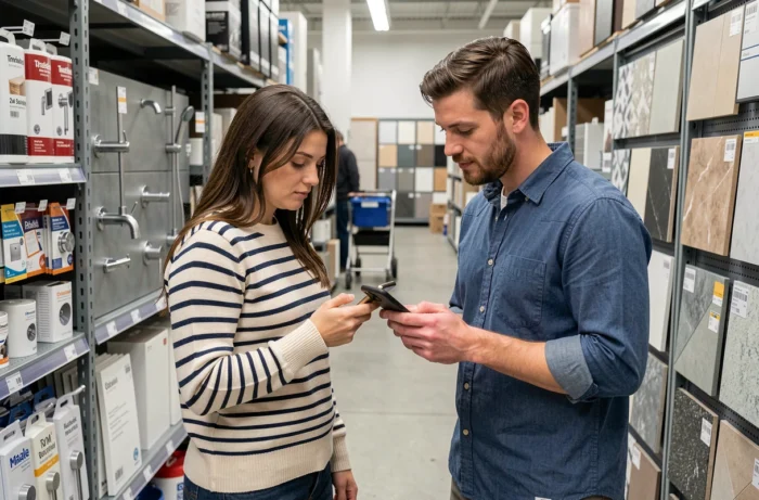 Couple comparant des équipements de salle de bain dans un magasin de bricolage avec smartphone en main