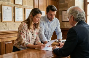Couple déposant une demande de publication des bans de mariage en mairie en France