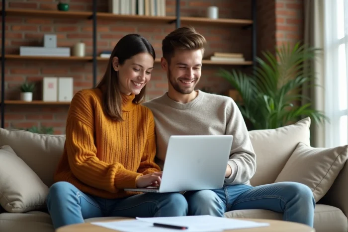 Jeune couple gérant ensemble leur compte locataire Citya sur un ordinateur portable dans leur salon
