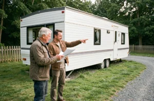 Couple examinant la réglementation d'un mobil home installé sur terrain privé avec des documents administratifs