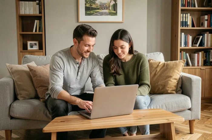 Couple consultant une plateforme immobilière en ligne sur un ordinateur portable dans leur salon