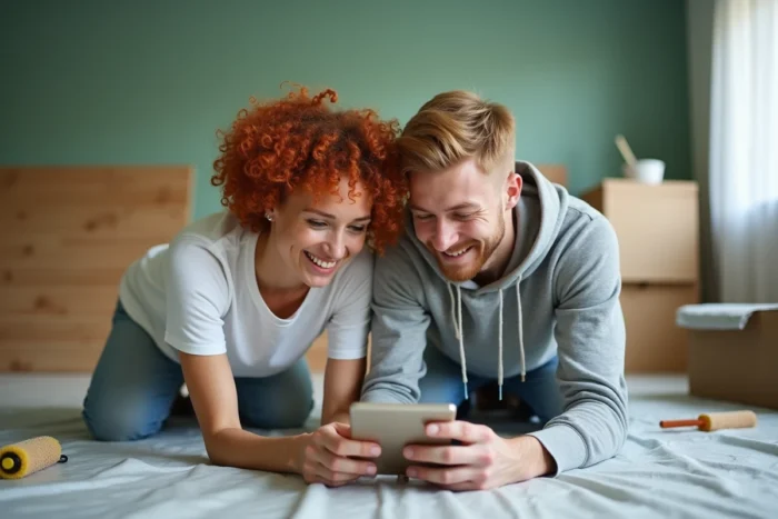 Couple consultant le plan d'un site de bricolage sur smartphone dans un salon en cours de rénovation avec peinture et matériaux