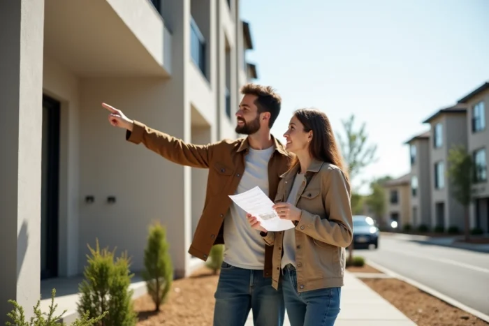 Couple visitant un immeuble résidentiel neuf et consultant une fiche de bien immobilier pour planifier leur investissement