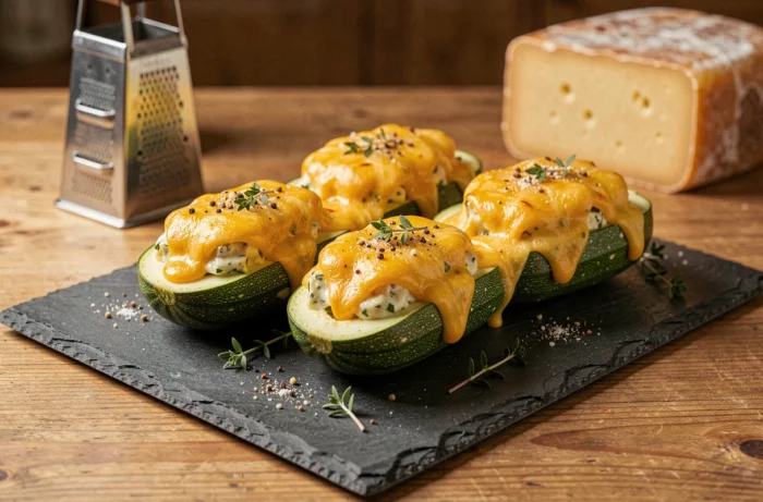 Moitiés de courgettes farcies gratinées au fromage fondant doré disposées sur une ardoise avec du thym frais et du poivre noir concassé