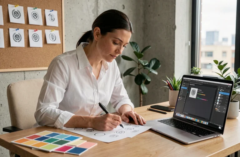 Designer créant des esquisses de logo sur mesure dans un studio de design moderne