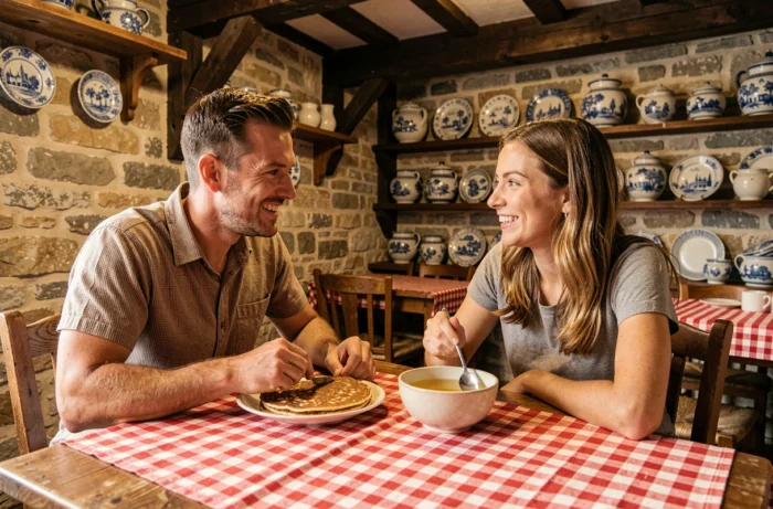 Couple dégustant une galette bretonne et du cidre dans une crêperie traditionnelle aux murs en pierre en Bretagne